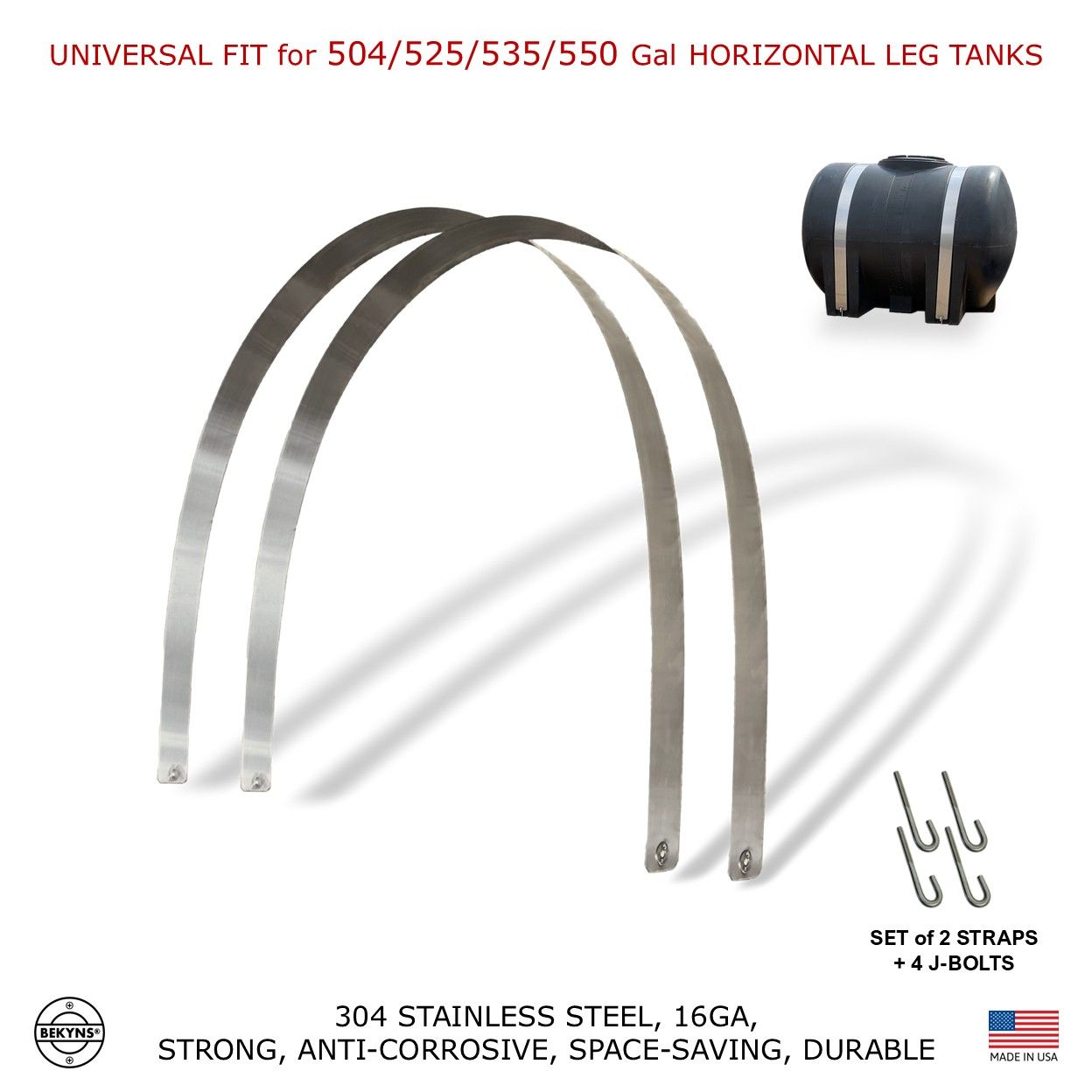 Bekyns stainless band straps 504, 525,535, 550 gal horizontal leg tanks